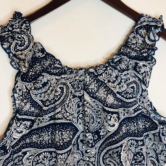 J.Crew Smocked Top Antique Paisley Cropped Tank Trip Coastline Blue White Small - Picture 7 of 11
